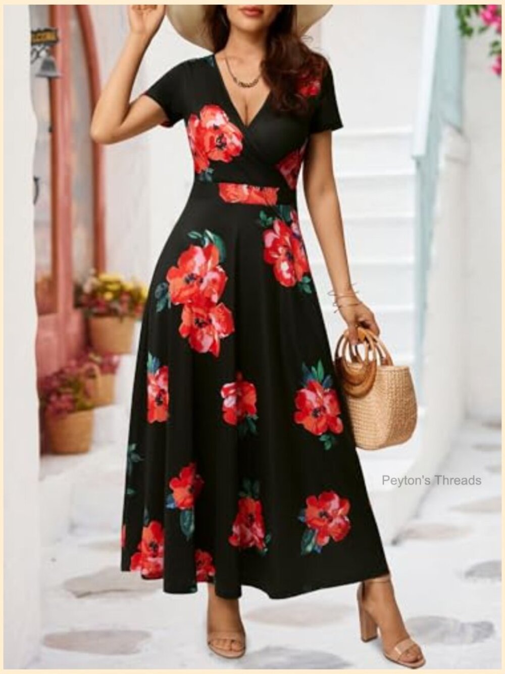 Women's Short Sleeve Wrap V Neck Maxi Sundress with Pockets Boho - Picture 2 of 6